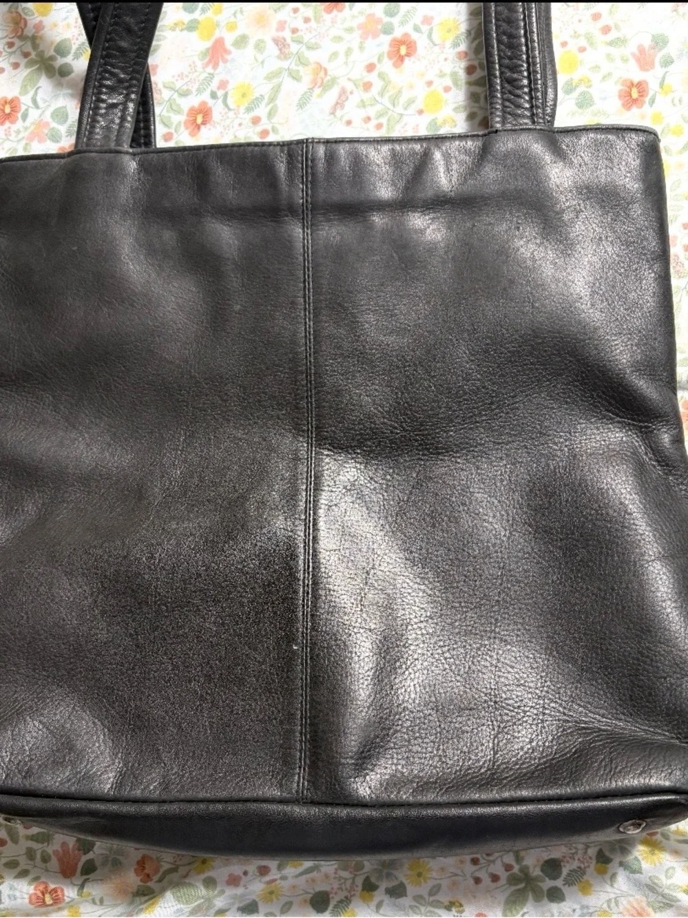Perlina Black Leather Briefcase Tote with Metal Logo Plate